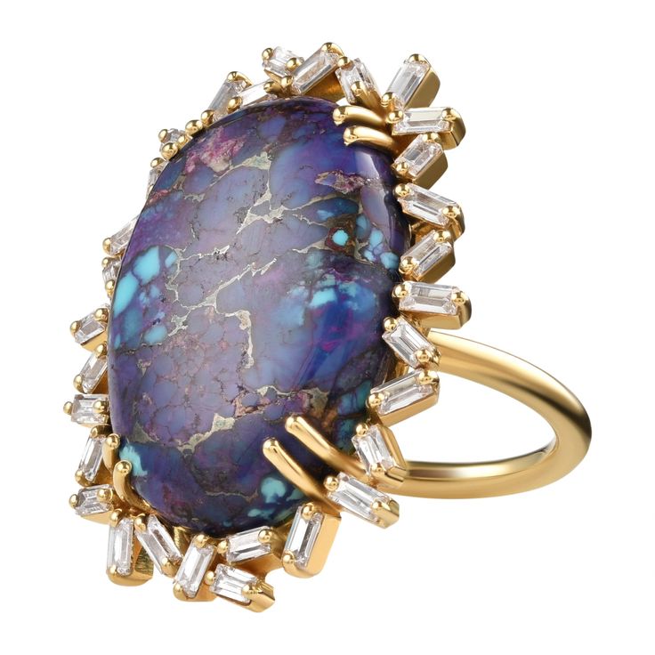 Rare purple turquoise stone with beautiful blue, purple and coper spider webbing from an unknown origin set in 18k gold and enhanced with baguette diamonds Amazing cocktail ring for you or your loved one Turquoise is the healer stone , wearing it may enhance energetic healing and improve communication... it is known as the gemstone for the zodiac sign Sagittarius Details - Gemstone: Turquoise - Gemstone Color: Purple Turquoise - Metal: 18k gold - Enhanced with baguette diamonds - US Ring Size: 7 Turquoise Ring Gold, Gold Turquoise Ring, Gold Oval Ring, Turquoise Stone Ring, Baguette Diamond Ring, Ring Baguette, Turquoise Gold Ring, Purple Gems, Night Court