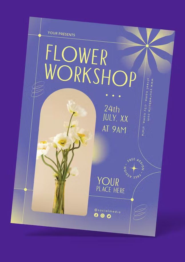 a flyer for a flower workshop with white flowers in a vase on a purple background