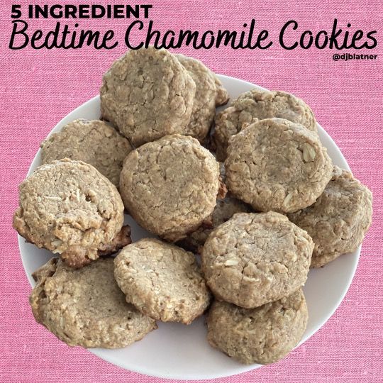 a white plate filled with cookies on top of a pink table cloth and text reading 5 ingredient bedtime chamomie cookies