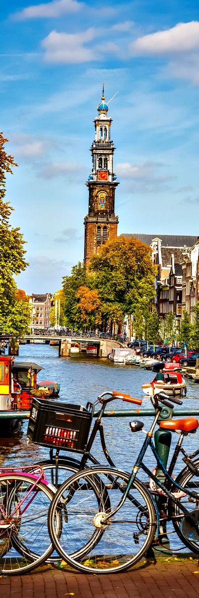 two bicycles parked next to each other on the side of a river with boats in it