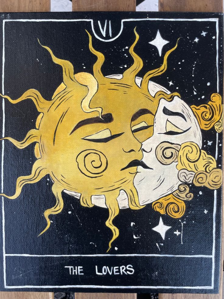 a painting of the sun and moon on a black background with white writing that reads, the lovers