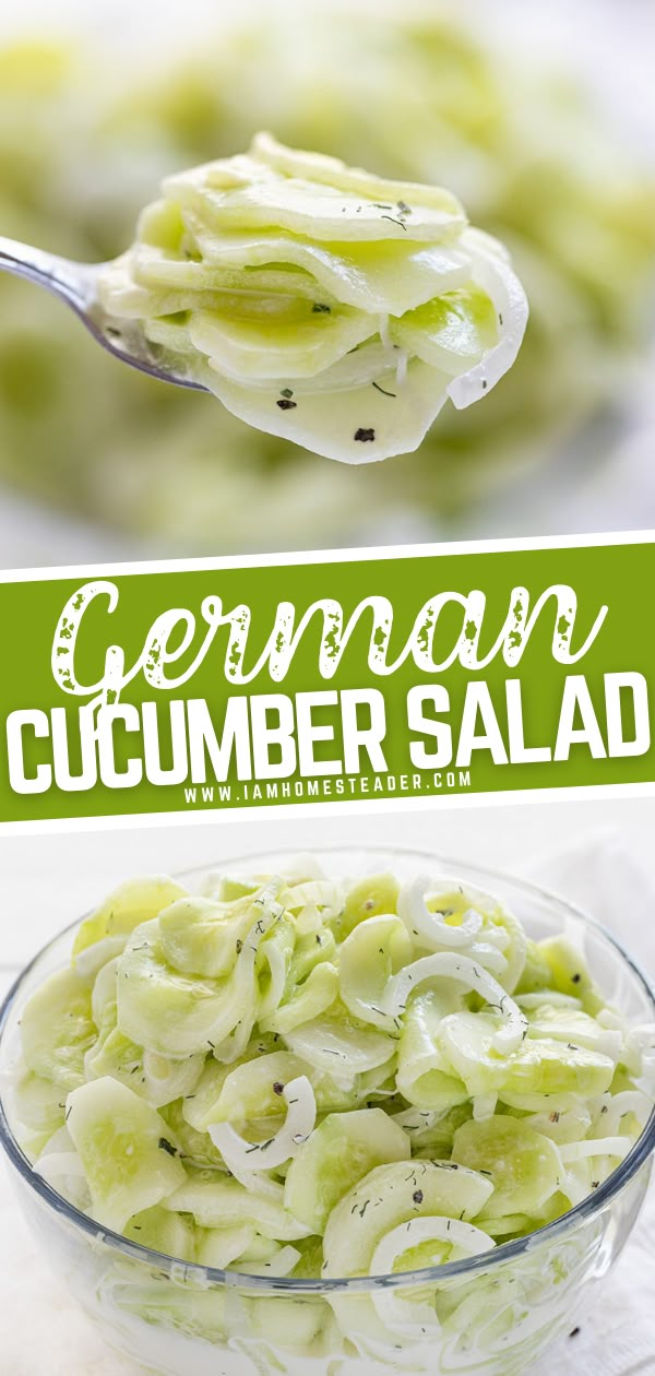 a spoon full of cucumber salad on top of a white table with the title overlay