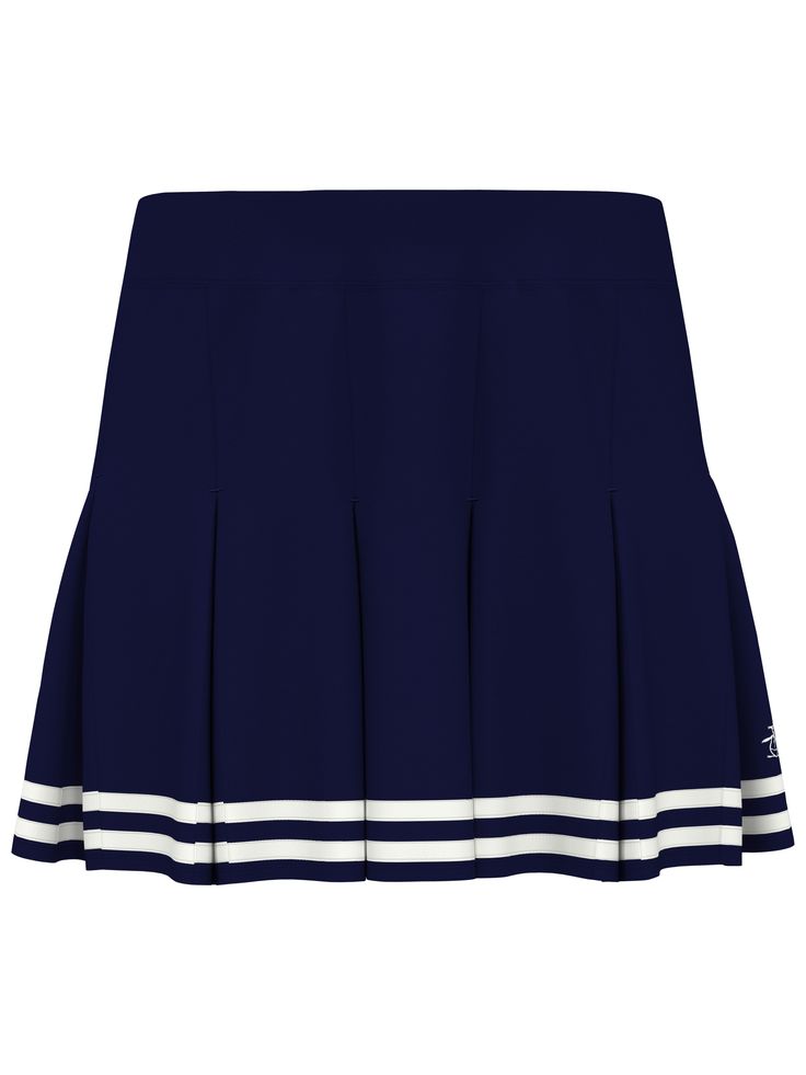 Enjoy winning style in this pleated tennis skort with eye-catching contrast striping. The moisture wicking stretch fabric looks and feels great. 74% Polyester / 20% Recycled Polyester / 6% Elastane Plain weave fabrication weaves in criss-cross patterning for extra durability Model Is 5'8 And Wears Size S 13" Length Machine Wash Imported | Original Penguin Women's 13" Contrast Hem Pleated Tennis Skort, Size Medium, Black Iris/Bright Wh Blue, Polyester/Recycled Polyester/Elastane Tennis Skort, Black Iris, Original Penguin, Feeling Great, Bright White, Stretch Fabric, The Originals, Blue, Fabric