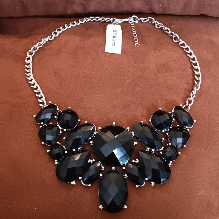 From Macy's, By Style & Co, Gorgeous Black Chunky Statement Necklace. Black Necklace Statement, Necklace Y2k, Silver Coin Necklace, Blue Statement Necklace, Stone Statement Necklace, Chunky Statement Necklace, Stacked Necklaces, Long Silver Necklace, Gold Long Necklace