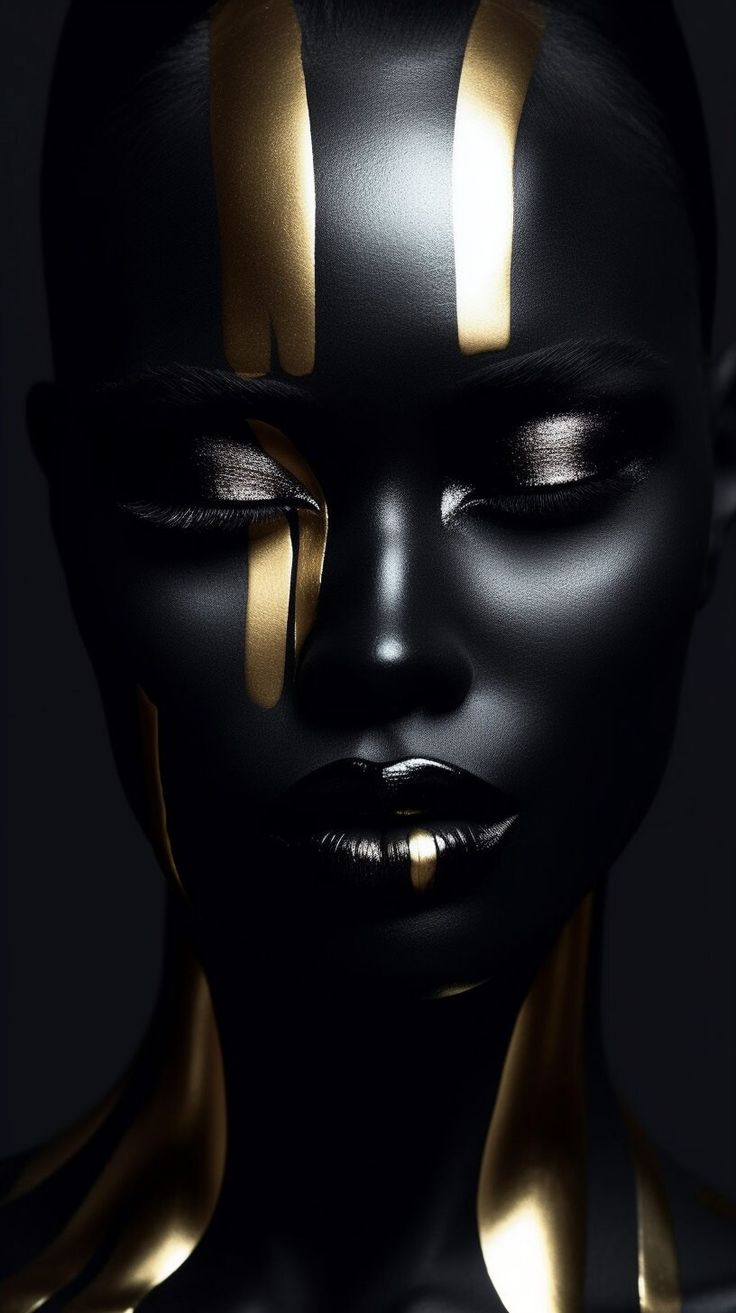 a woman's face with gold strips on it and black skin, her eyes closed