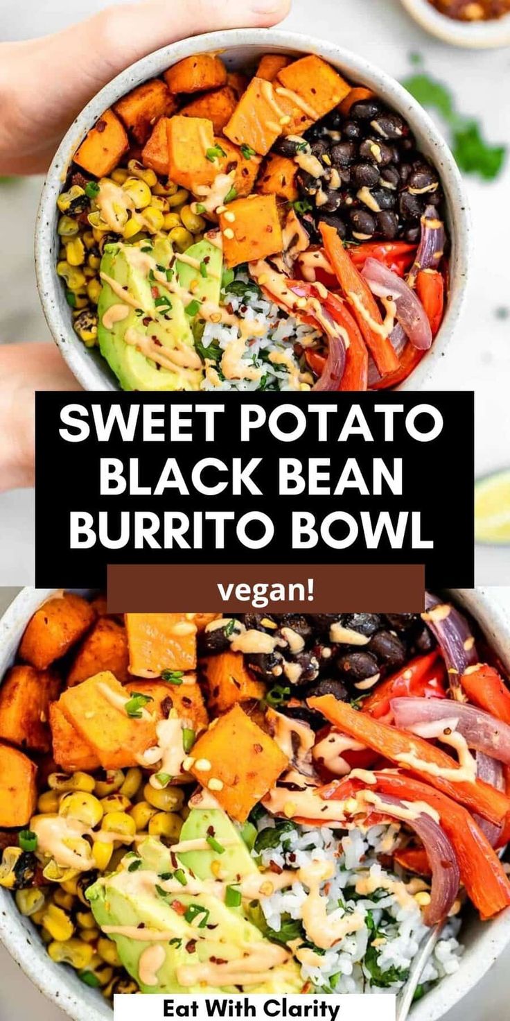 sweet potato and black bean burrito bowl with text overlay