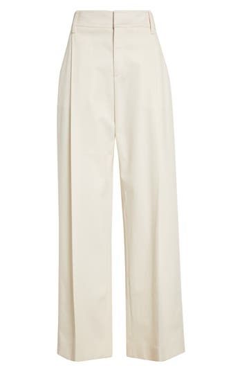 Topstitch detailing subtly calls out the classic lines of these pleat-front trousers made from sturdy, seasonless stretch wool. 30" inseam; 21" leg opening; 10" front rise; 13" back rise (size 10) Zip fly with hook-and-bar closure Belt loops Lined 95% wool, 5% elastane Dry clean Made in the USA of imported fabric Women's Designer Clothing Chic Cream Bottoms With Pressed Crease, Cream Wide-leg Pants With Pressed Crease, White Wide Leg Pants With Pressed Crease For Work, Wide Leg Cream Pants With Pressed Crease, Tailored Cream Wide Leg Pants For Formal Occasions, Classic White Wide Leg Pants For Work, Cream Trousers With Pressed Crease, Classic White Wide Leg Pants With Welt Pockets, Elegant Beige Wide Leg Pants With Straight Hem