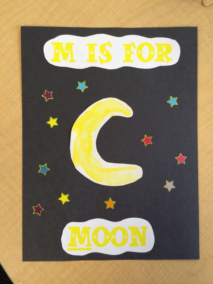 the letter c is for moon on a black paper with yellow and red stars around it