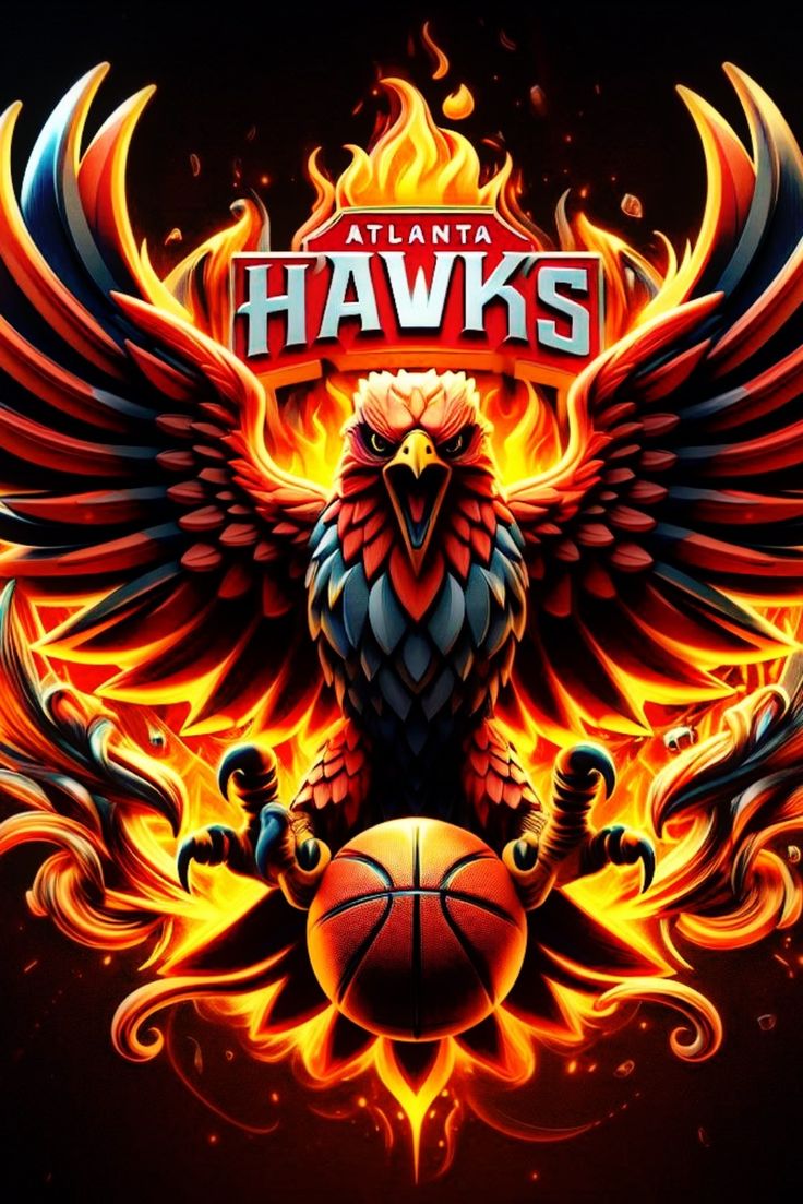 the atlanta hawks logo with fire and flames on it's wings, as well as a basketball