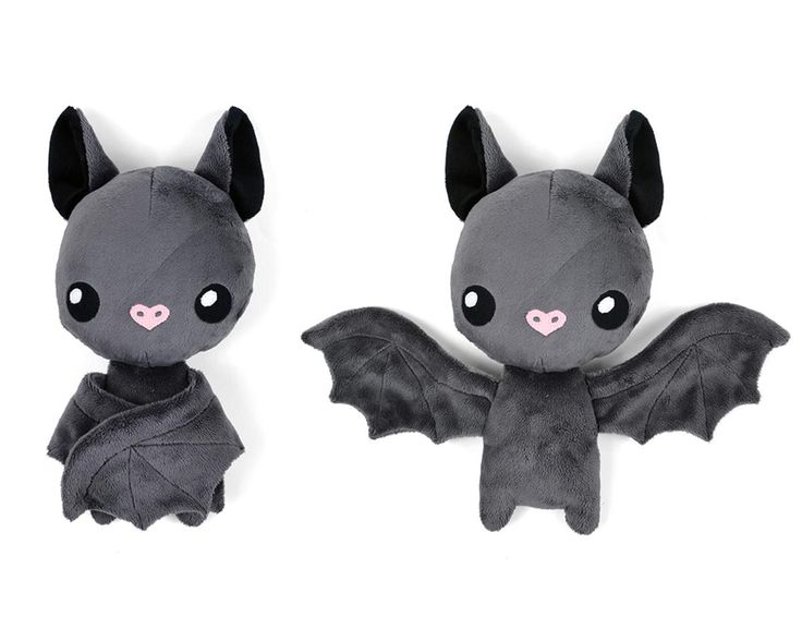 two stuffed bats with black wings and pink eyes on white background, one is grey and the other is dark gray