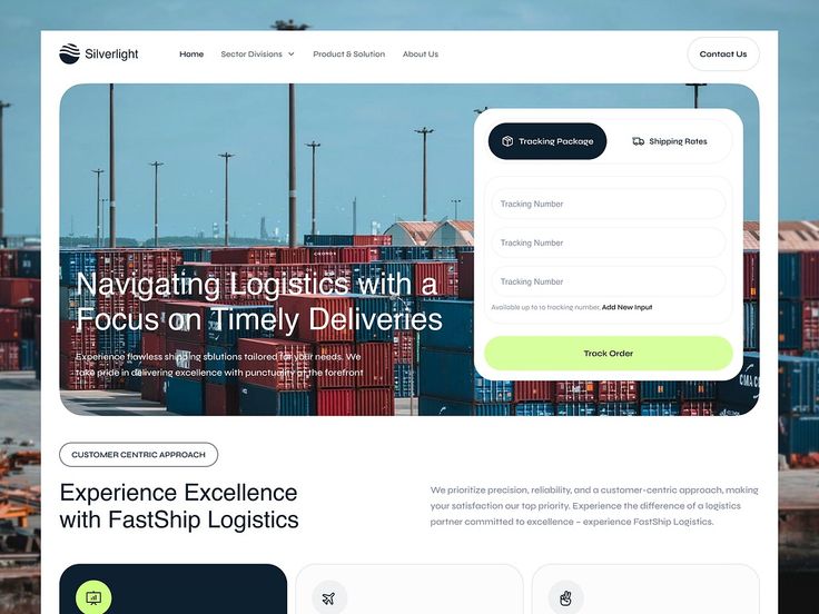 an image of a website page with shipping containers in the background and text that reads, navigating logistics with a focus on timely deliveries