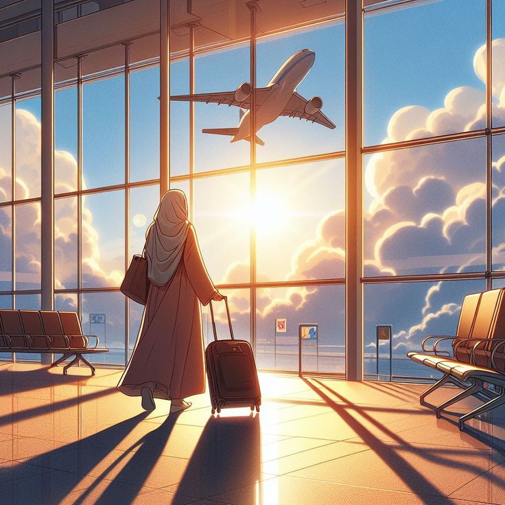 a woman is walking through an airport terminal with her luggage and looking out the window