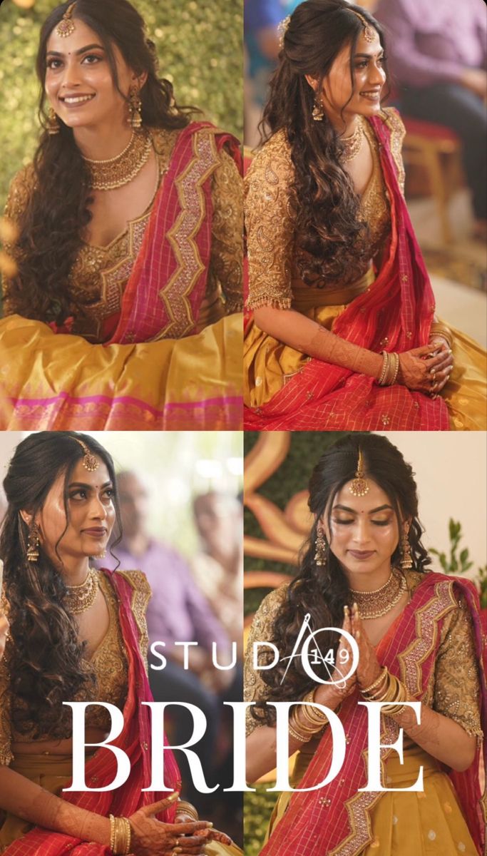 two different pictures of a woman in yellow and red sari with her hands on her chest