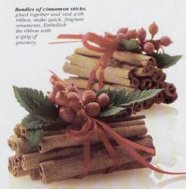 some cinnamon sticks are stacked on top of each other with leaves and berries tied around them