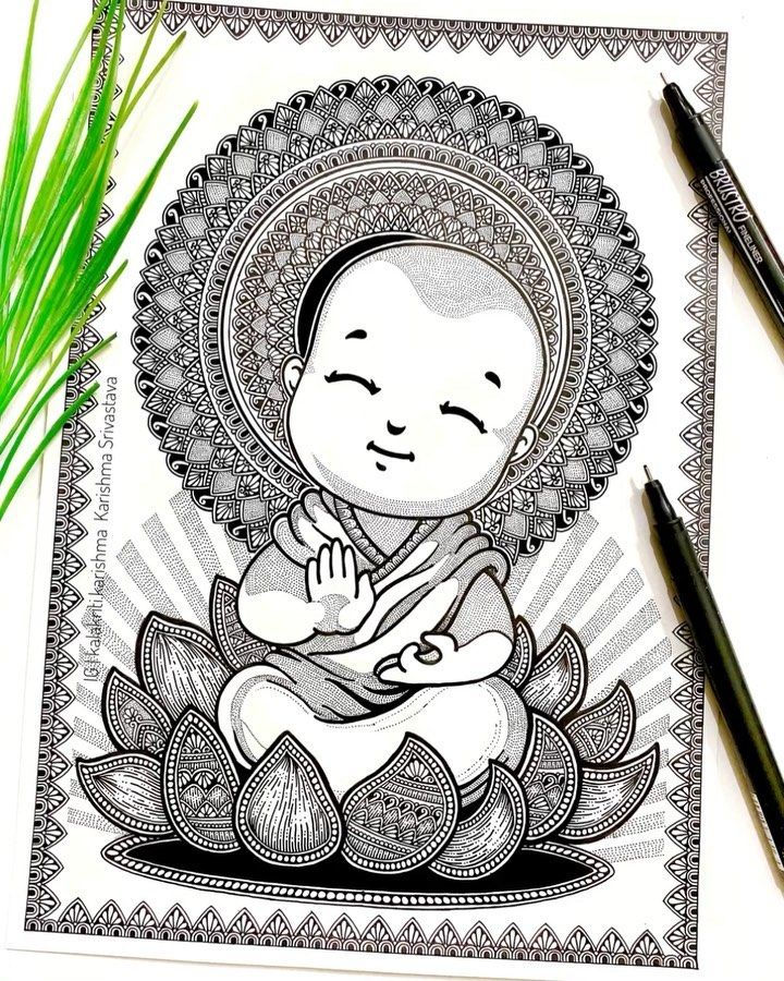 a drawing of a buddha sitting on top of a lotus flower in front of a green plant