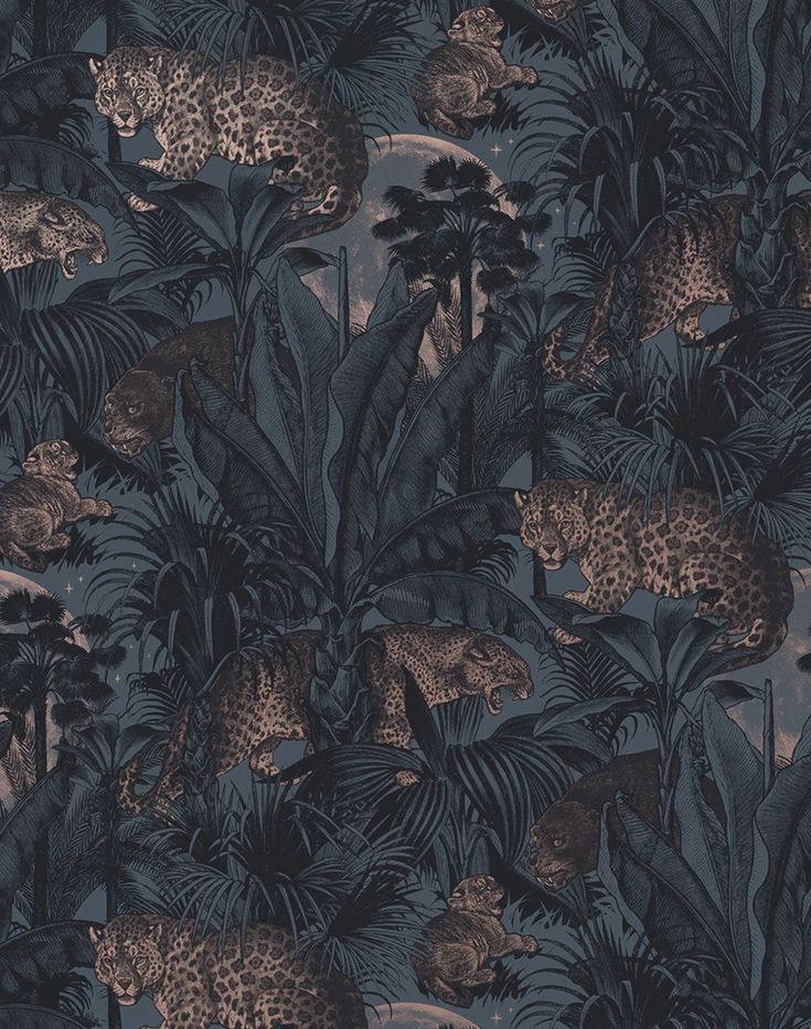 an animal themed wallpaper with leopards, palm trees and other tropical plants on a dark blue background