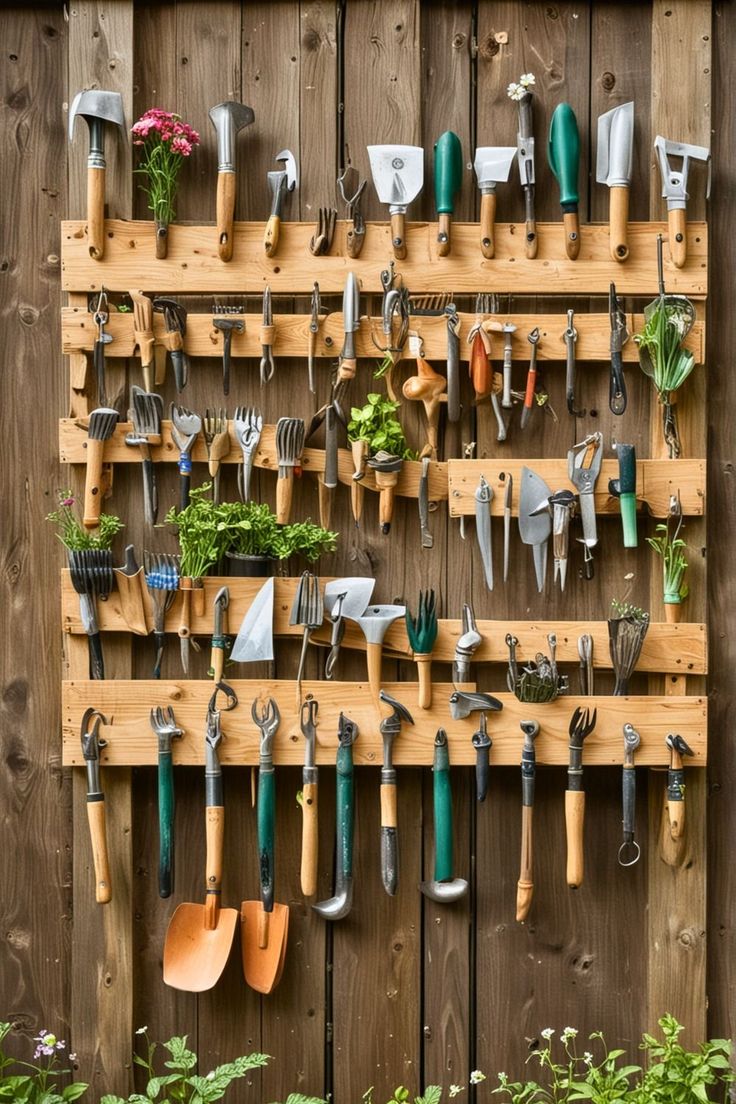 garden tools are hanging on a wooden wall