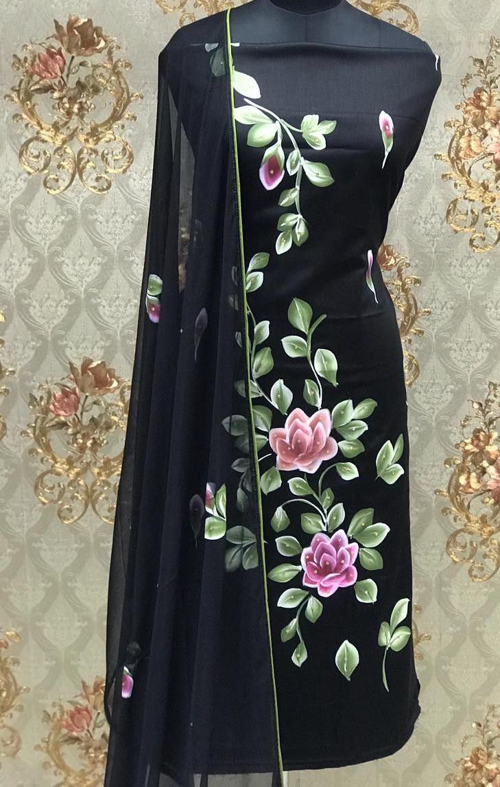 Fabric Painting Ideas Creative, Hand Painted Suits Latest, Fabric Painting Designs For Kurtis, Paint Suit Design For Women, Hand Painted Suits, Suit Painting, Painted Suits, Fabric Colour Painting, Saree Painting Designs