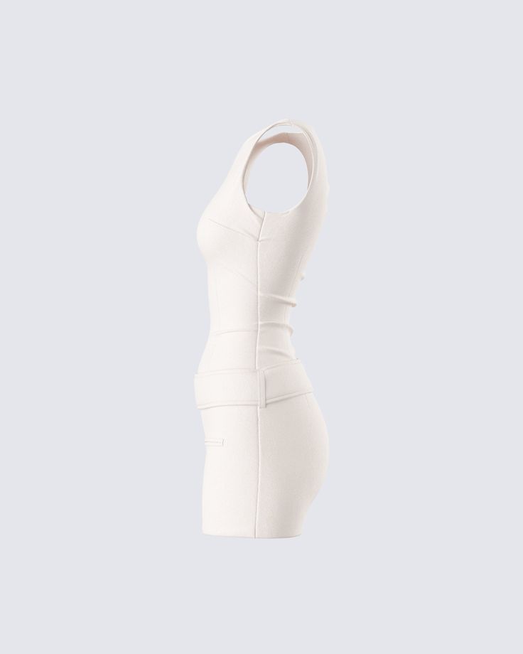 Nothing compares to a baddie in a put together look 🤍 Made from plain weave fabric and complete with a bodycon style, a wide belt, and a boat neckline - this ivory micro mini dress will make it clear that you did not come to mess around 👏 White Mini Length Stretch Bandage Dress, White Stretch Bandage Dress Mini Length, White Stretch Mini Bandage Dress, White Knee-length Bodycon Bandage Dress, Beige Stretch Mini Bodycon Dress, White Fitted Bandage Dress, White Stretch Bodycon Dress With Straight Neckline, Chic Cream Stretch Mini Dress, White Summer Mini Length Bandage Dress