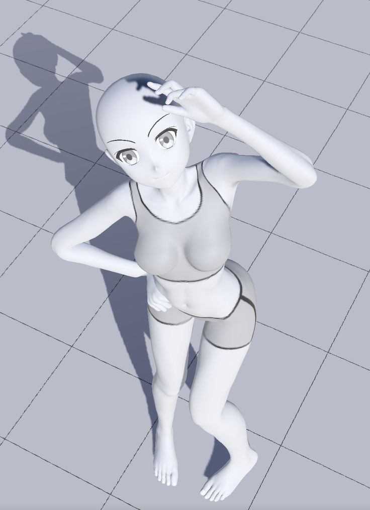 an animated woman is standing on the floor with her head in her hands and arms behind her head