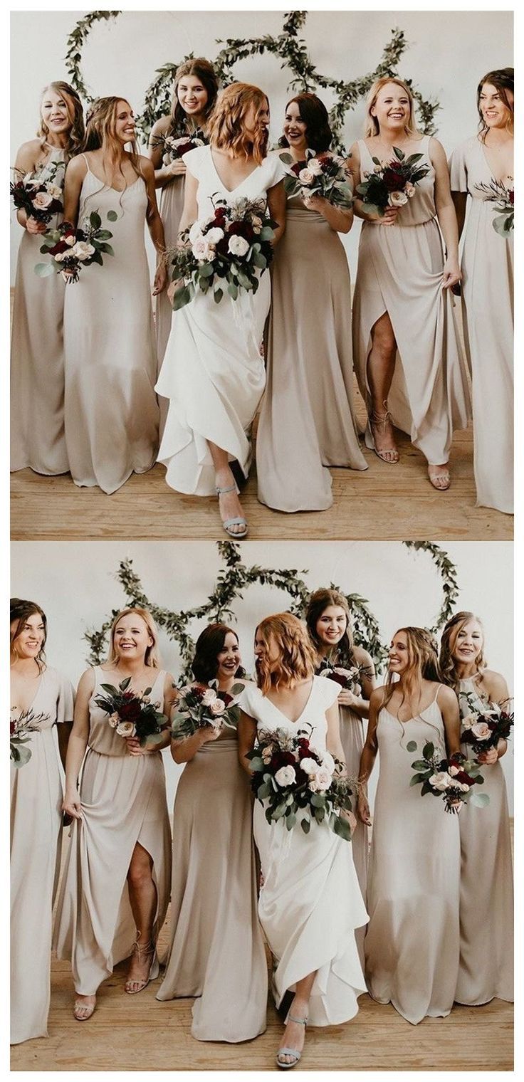 the bridesmaids are all dressed in different styles and colors, posing for pictures