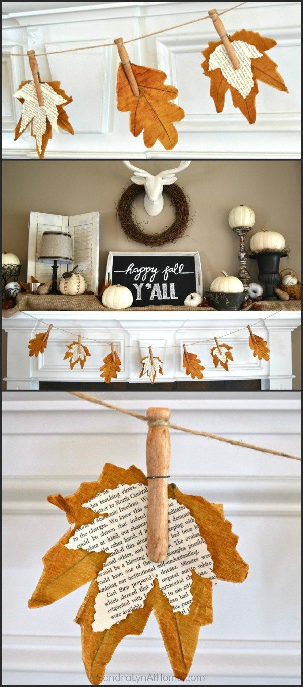 an autumn mantle decorated with leaves and other decorations