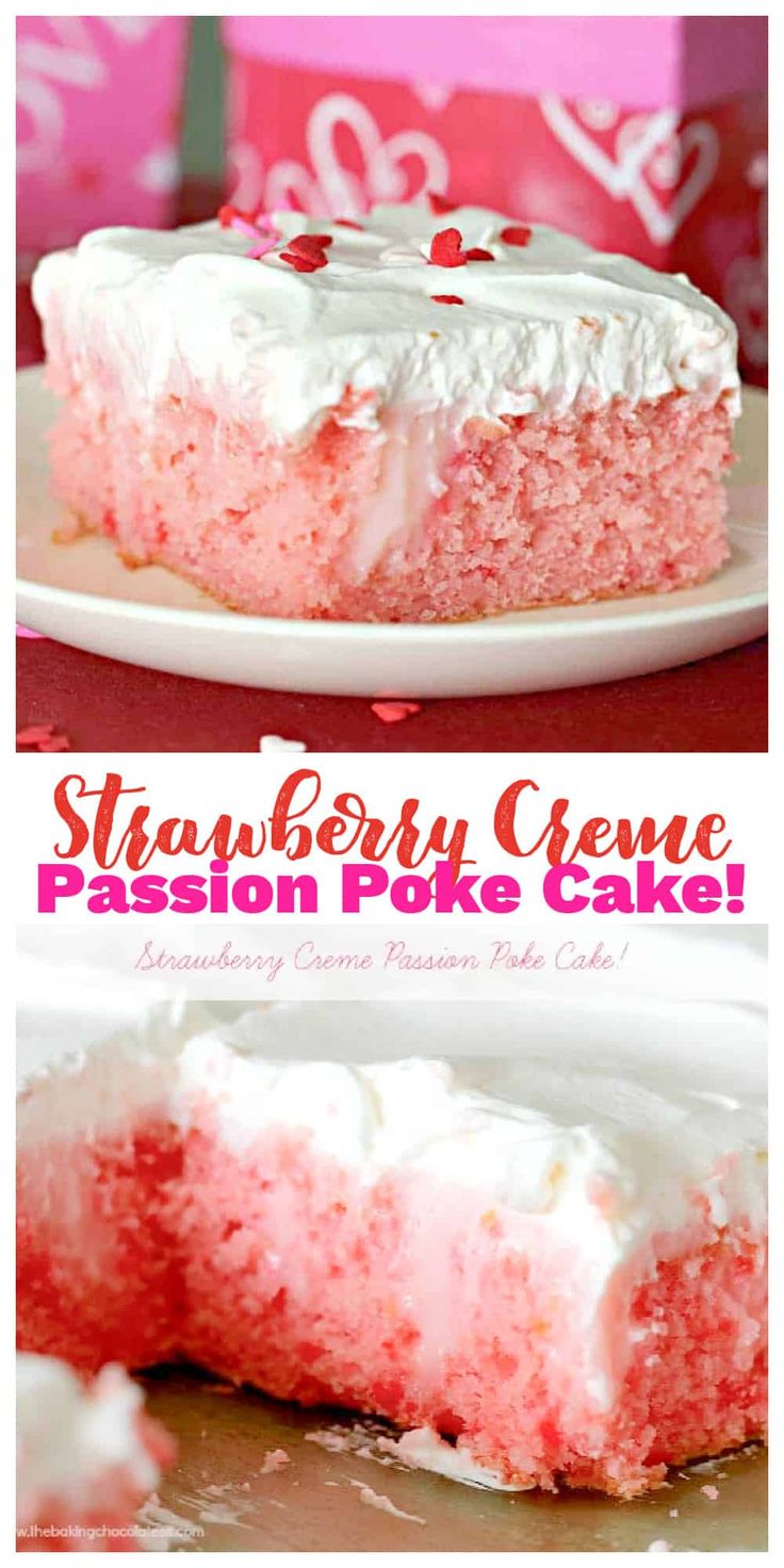 strawberry creme passion poke cake with white frosting