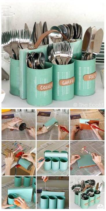 the collage shows how to use old cans as utensils and spoons