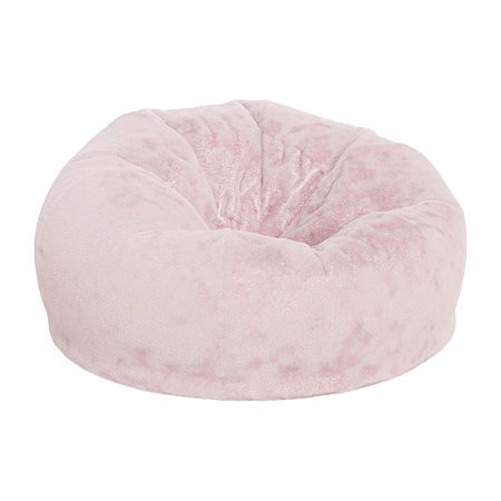 a pink bean bag chair sitting on top of a white floor