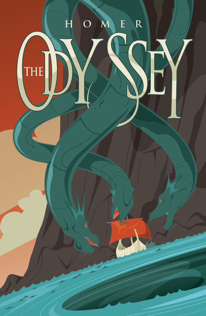 a poster for homer the dyssey with an image of a boat in the water