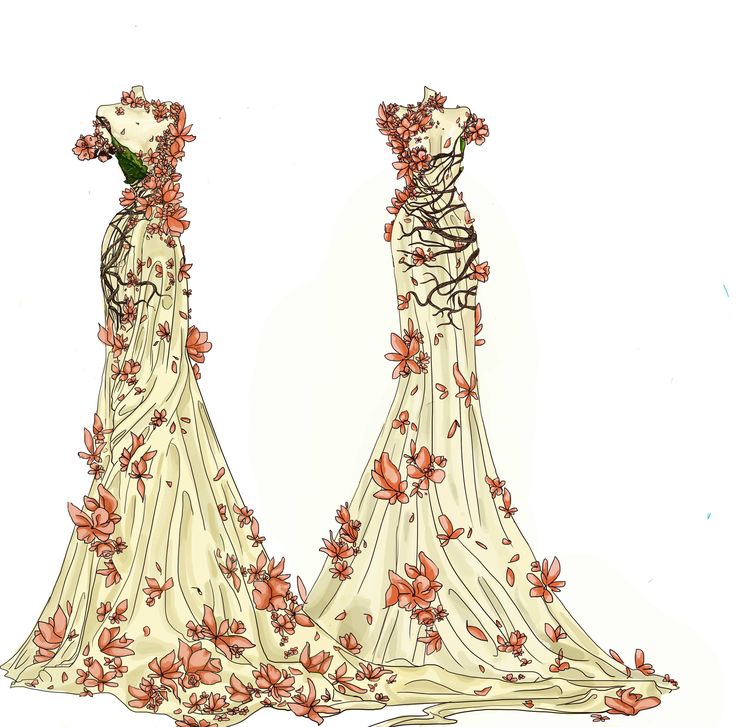 two wedding dresses with flowers on them