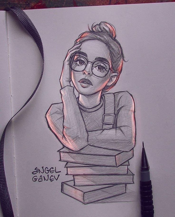 a pencil drawing of a woman with glasses on top of books and holding her hand to her head