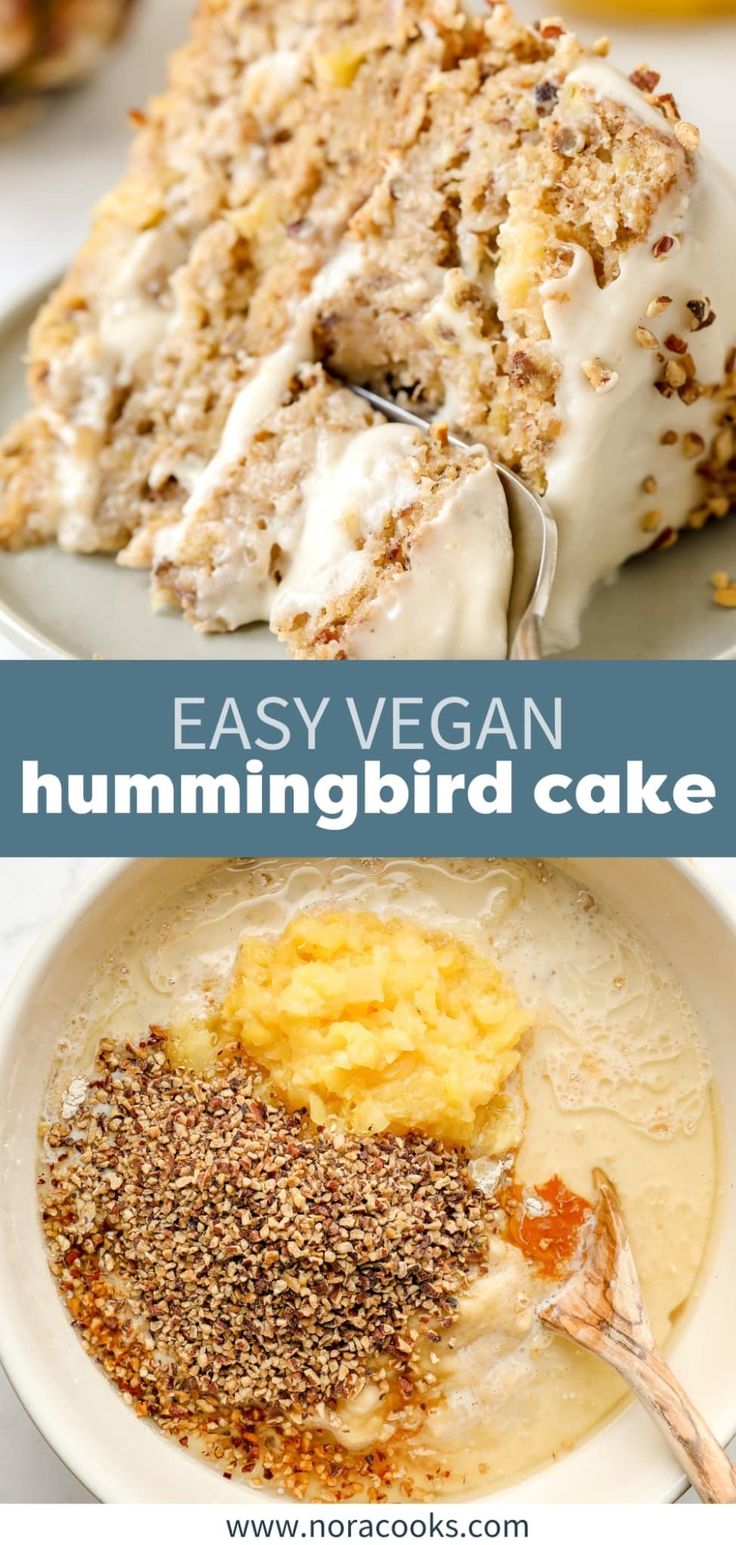 two pictures with the words easy vegan hummingbird cake on them and an image of a