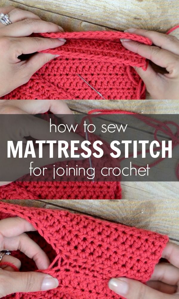 two hands are crocheting the stitchs on a piece of red yarn with text overlay that says how to sew mattress stitch for joining crochet