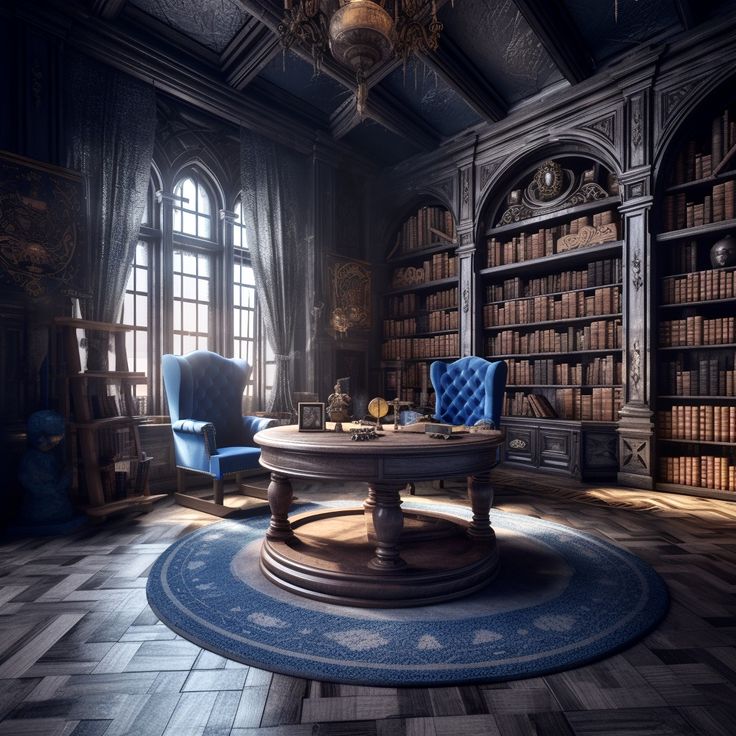 an old library with two blue chairs and a round table in the middle, surrounded by bookshelves