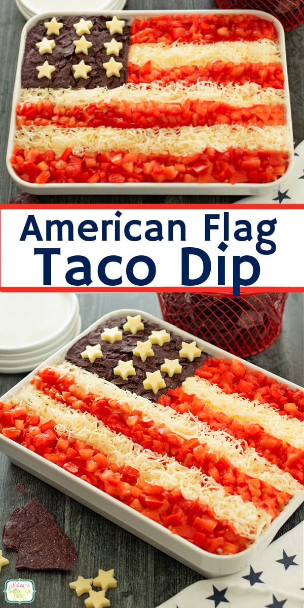 an american flag taco dip in a baking dish with the words, american flag taco dip