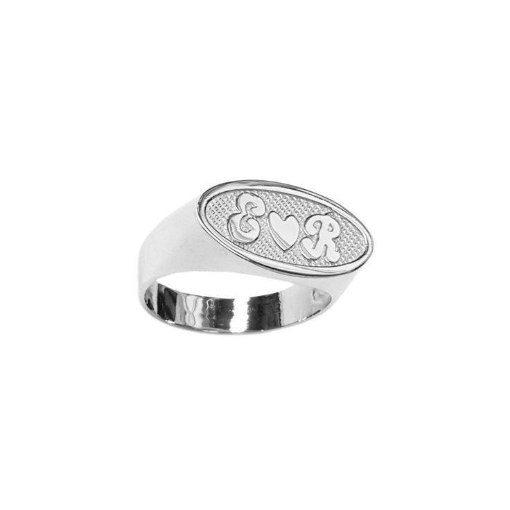 This LEE174 oval shaped gold name ring holds two initials and a heart. Personalize this custom ring with the name of your choice. Treat yourself or make it a gift for loved ones, birthdays, anniversaries, or celebrations. * Personalize with two (2) initials of your choice (capitalized) * 10k Yellow or White Solid Gold (weighs about 3.6g to 5.0g) * 14k Yellow, White, or Rose Solid Gold (weighs about 3.9g to 5.6g) * Measures approx. 9mm from first initial to tail * Item Number: LEE174 Note: Please Classic White Engraved Ring With Initials, Oval Engraved Ring With Initials For Formal Occasions, White Gold Oval Initial Ring With Monogram, Oval White Gold Initial Ring In Sterling Silver, Oval Initial Ring In White Gold And Sterling Silver, Formal Oval Engraved Ring With Initials, Formal Engraved Oval Ring With Initials, Oval White Gold Sterling Silver Initial Ring, Formal Customizable Oval Signet Ring