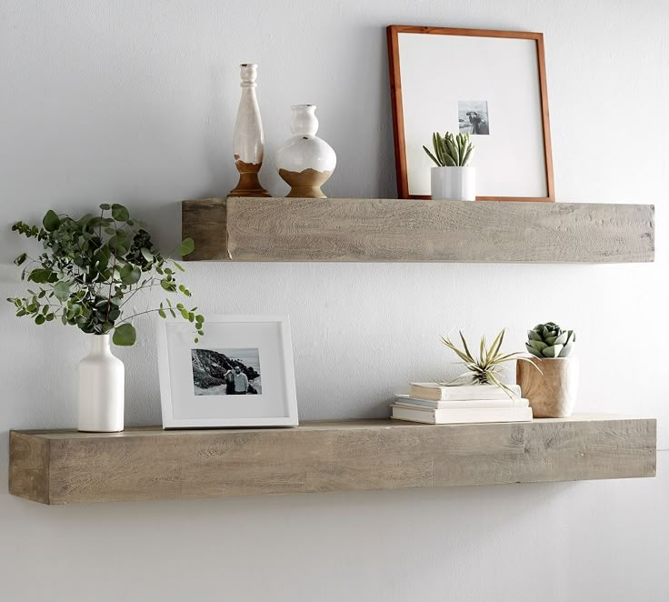 two wooden shelves with plants and pictures on them