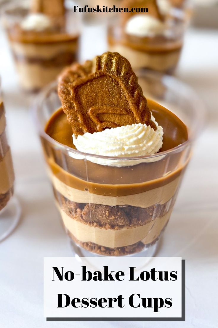 no bake lotus dessert cups with whipped cream and chocolate frosting in small glasses