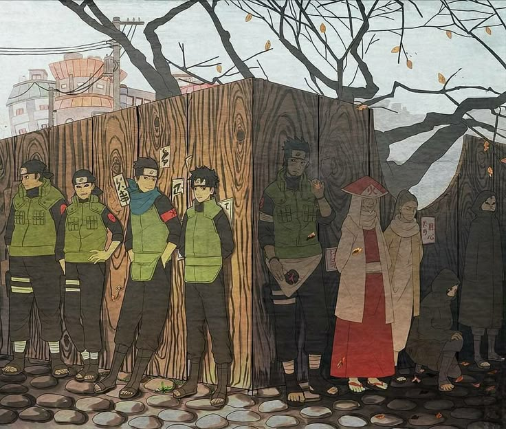 a painting of people standing in front of a wooden structure