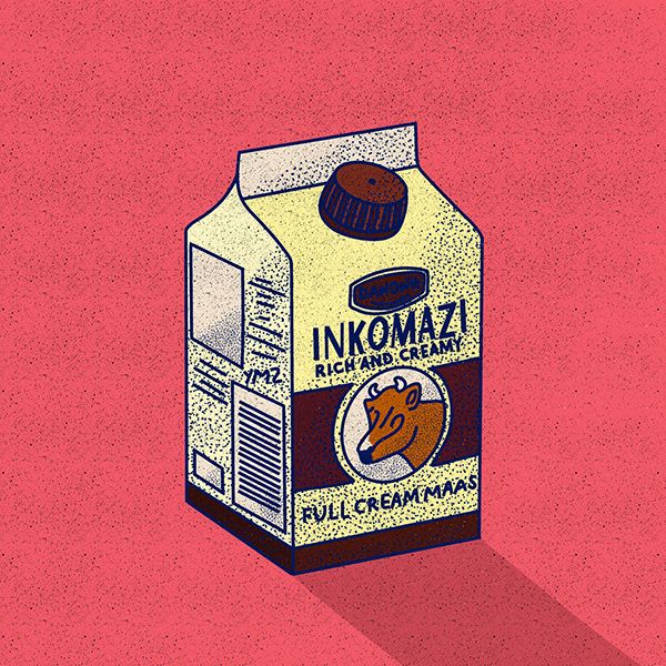 an illustration of a carton of milk on a pink background with the word inkomaz written below it