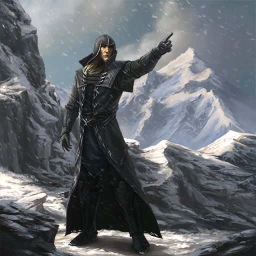 a man dressed in black standing on top of a snow covered mountain pointing at something