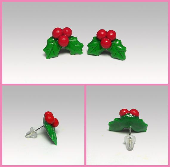 three pictures of holly leaves and red berries on green leafy brooches, each with a single bead in the middle