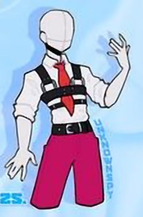 an animated image of a man wearing red pants and a white shirt with black suspenders