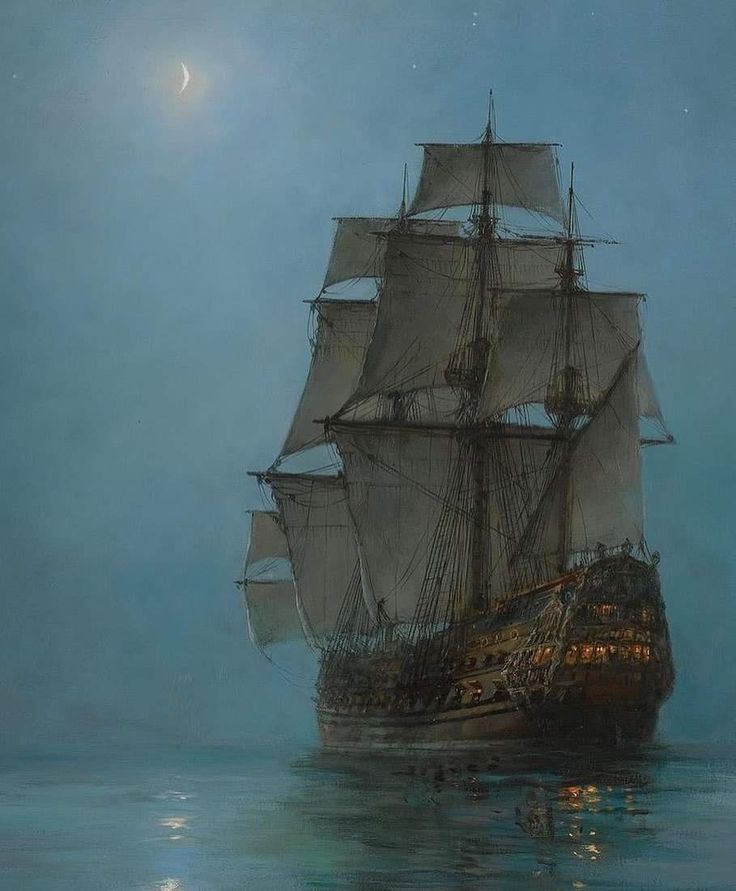 a painting of a sailing ship in the ocean at night with full moon behind it