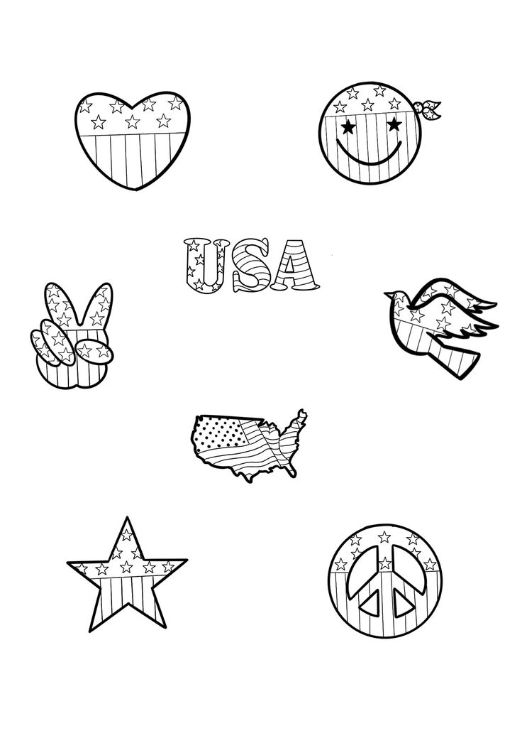 an american flag and symbols coloring page with the word usa written in black ink on white paper