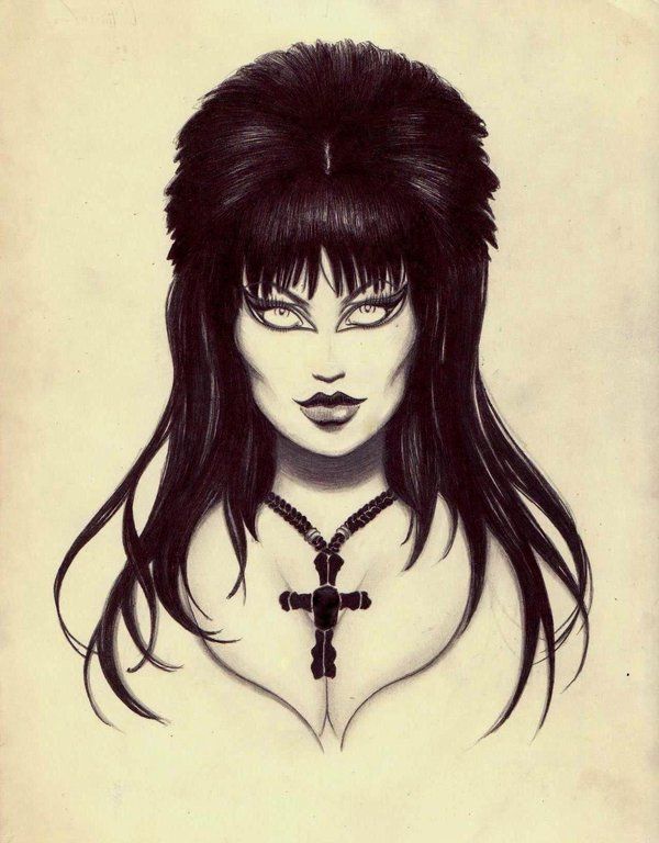 a black and white drawing of a woman with long hair wearing a cross on her neck