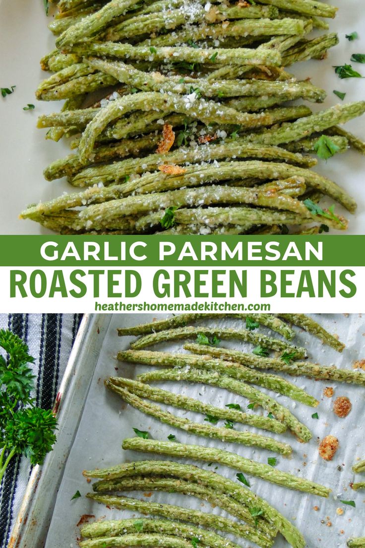 garlic parmesan roasted green beans on a baking sheet