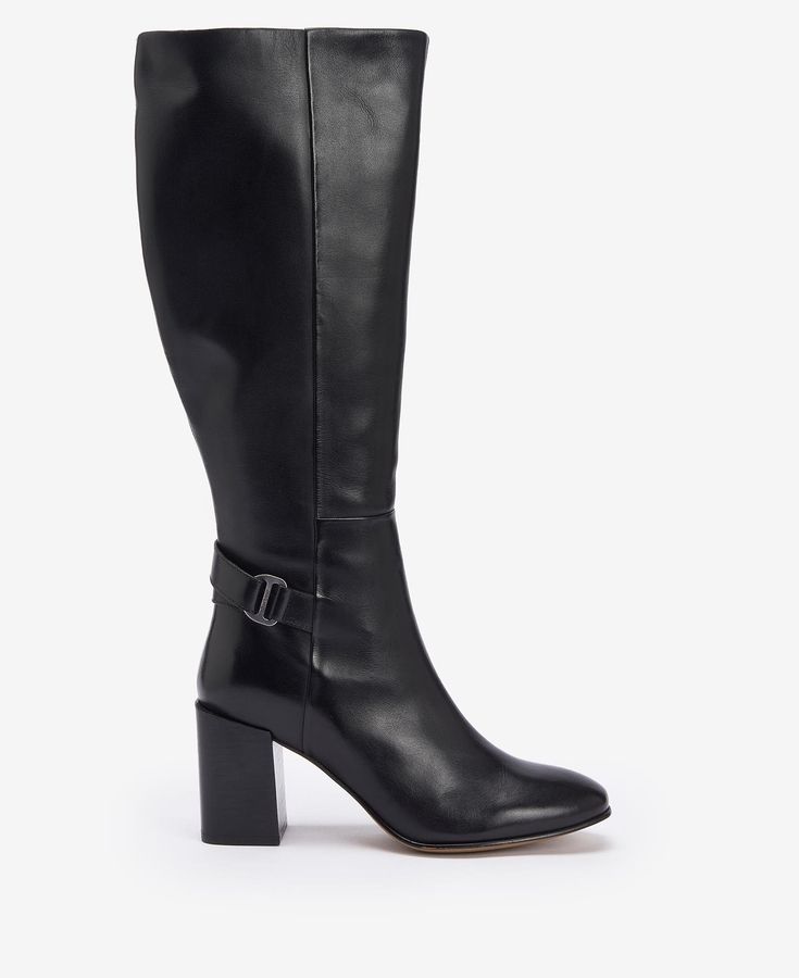 Take your outfit from day to night with the Barbour Saskia Knee-High Boots. Crafted from buttery leather, this style is sat atop a sophisticated block heel for elegance and comfort in one. Detailed with a branded buckle to the ankle and wrap-around strap, they are perfect for dressing up any outfit. Chic Wide Calf Block Heels, Elegant Calf Leather Block Heels With Padded Heel, Elegant Heeled Boots With Sculpted Heel And Square Toe, Elegant Block Heels With Padded Heel In Calf Leather, Elegant Square Toe Heeled Boots With Sculpted Heel, Elegant Formal Calf Leather Block Heels, Low Heel Leather Lined Boots For Work, Low Heel Heeled Boots For Work With Leather Lining, Low Heel Heeled Boots With Leather Lining For Work