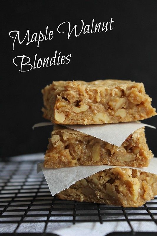 three pieces of apple walnut blondies stacked on top of each other with the words maple walnut blondies written above them